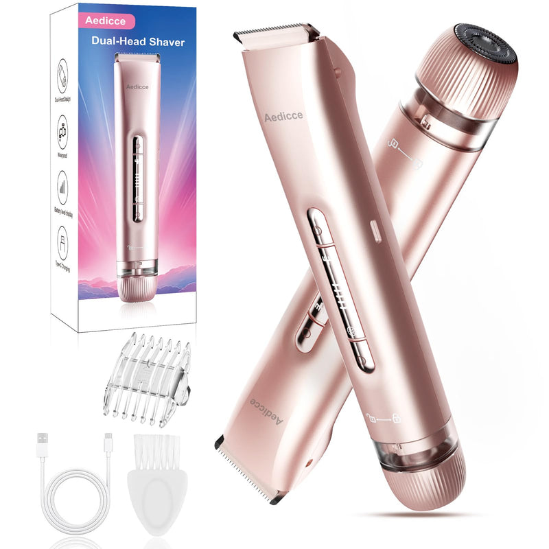 [Australia] - Bikini Trimmer for Women 2 in 1, Dual Head Womens Electric Shaver, Electric Razors for Pubic Hair, IPX7 Waterproof Rechargeable Facial Hair Removal for Shaving Underarm Leg Arm Body Face, Rose Gold 