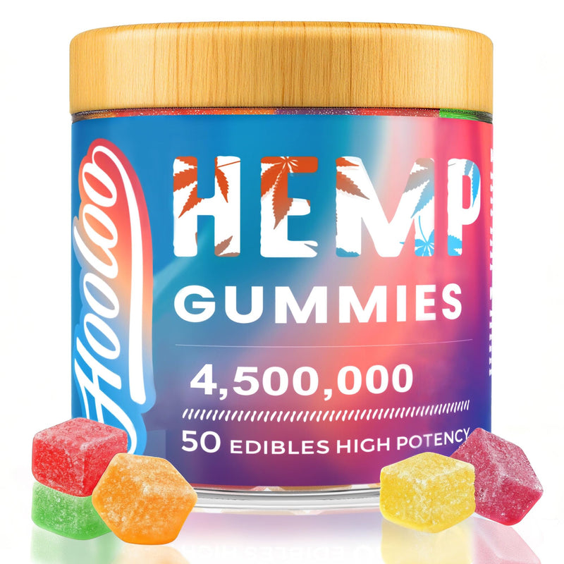 HOOLOO Hemp Gummies for Deep Bedtimes, Unwind, Focus - 6 Fruity Flavors Big Cubes Gummy Infused Vitamins Omega 3 - Extra Stength 4,500,000 for Adults - Made in USA Fruity - 4,500,000 - 1 PACK