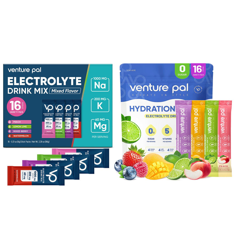 Venture Pal Electrolyte Powder Combo Pack – Sugar-Free Daily Hydration & High Sodium Recovery Drink Mix | 5 Vitamins, 7 Electrolytes, Potassium, Magnesium | Keto, Vegan, Non-GMO | 32 Sticks Total