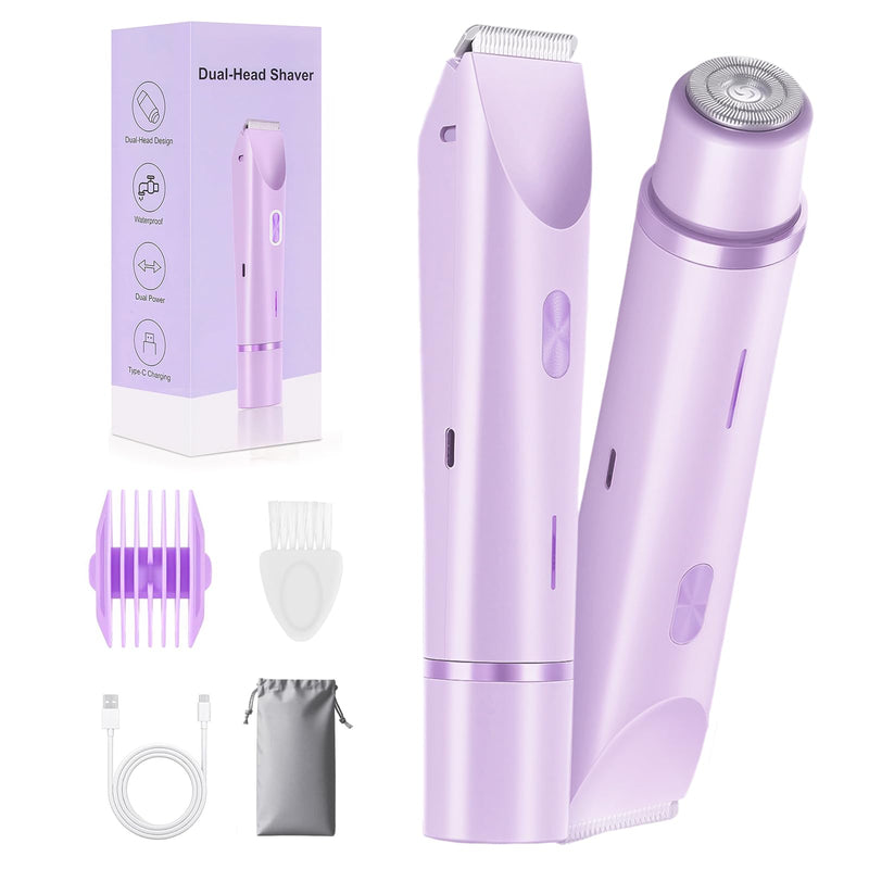 [Australia] - 2-in-1 Bikini Trimmer for Women, Bikini Shaver, Dual Head Electric Razor, IPX7 Waterproof Wet/Dry, USB Rechargeable for Pubic/Underarm/Leg, Pink Purple 
