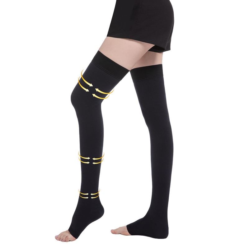[Australia] - 20-30 mmHg Compression Stockings for Women and Men, Medical Graduated Compression Hoses, Open Toe Thigh High Compression Socks, Long Toeless Support Stockings for Varicose Veins, Edema, DVT X-Large Black 