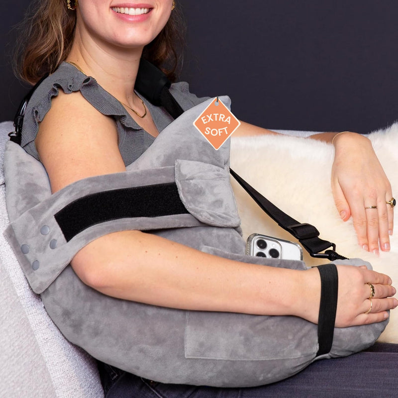 [Australia] - MOYOAMA Post Shoulder Surgery Pillow with Pocket- Rotator Cuff Pillows for Sleeping, After Shoulder Surgery Must Haves, Rotator Cuff Sleeping Pillow, Rotator Cuff Surgery Recovery Accessories Moonlight Grey With Arm & Shoulder Strap (S/M) 