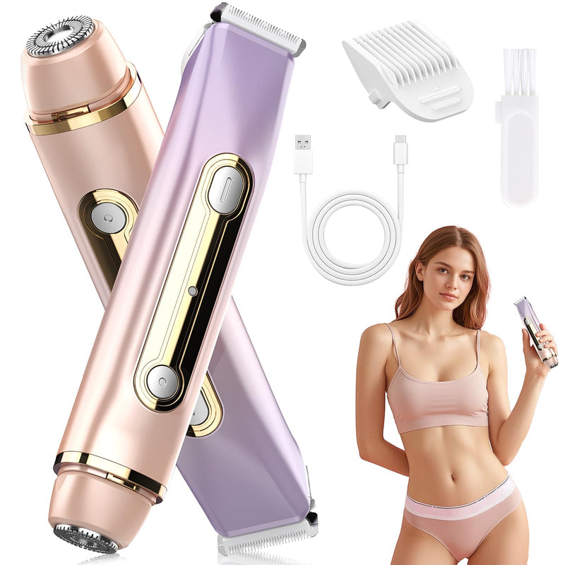 [Australia] - Bikini Trimmer for Women - 2 in 1 Dual Head Bikini Shaver, Painless Electric Razors for Silk Skin, Ceramic Blade, Waterproof Wet & Dry Use Body Hair Removal for Trip（Purple） Purple-rose Gold 