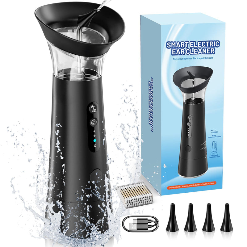 [Australia] - Electric Ear Wax Removal with Separated Dual Tank, IPX6 Waterproof Ear Cleaner Kit, Water Temperature Detection, FSA/HSA Eligible & Ergonomic Upright Rinse Design, USB-A to C Cable Black 