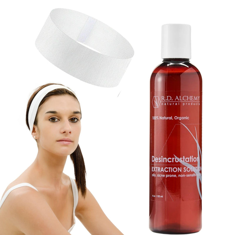 RD Alchemy - Desincrustation Solution/Scaling Fluid Blackhead Remover + 5 Pack Disposable Spa Headbands. for Home or Professional spas. 4 Ounce + Headbands