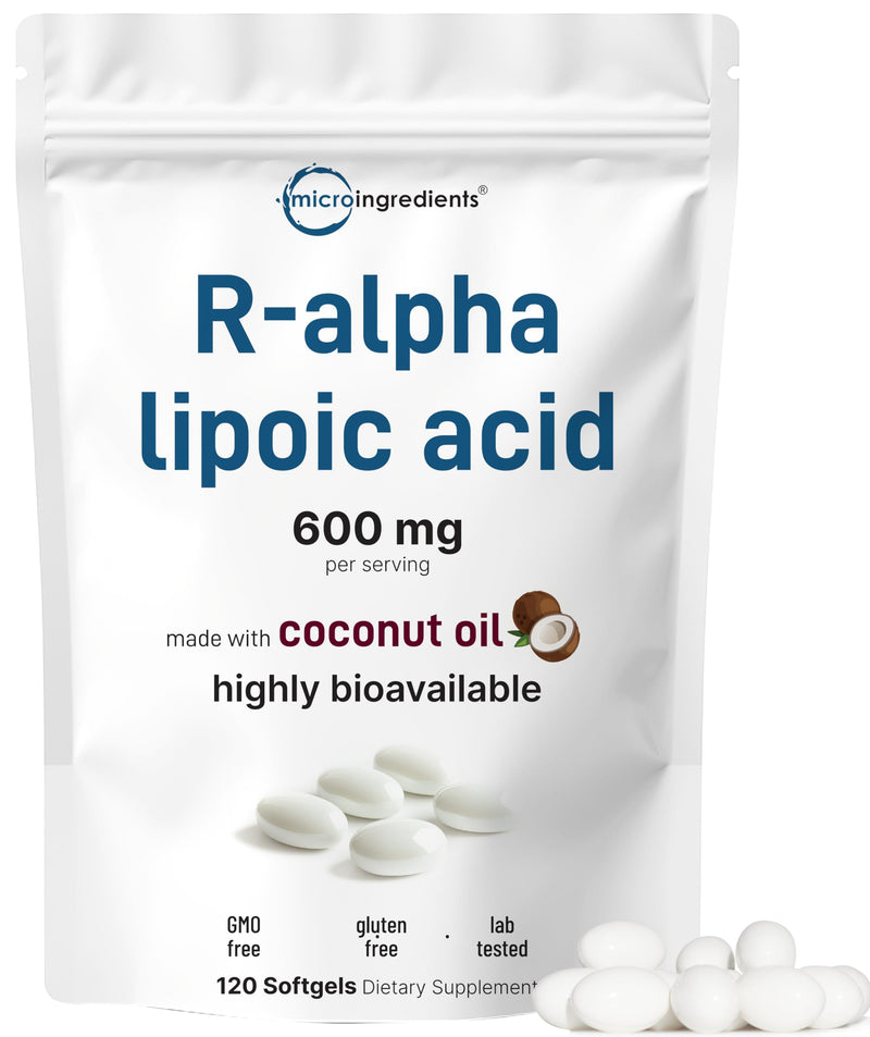 [Australia] - R Alpha Lipoic Acid 600mg with Coconut Oil, 120 Softgels | Highly Bioavailable Active Form | ALA Supplement for Antioxidants, Nerve, Heart, & Liver Support | Non-GMO, Gluten Free, No Soy 