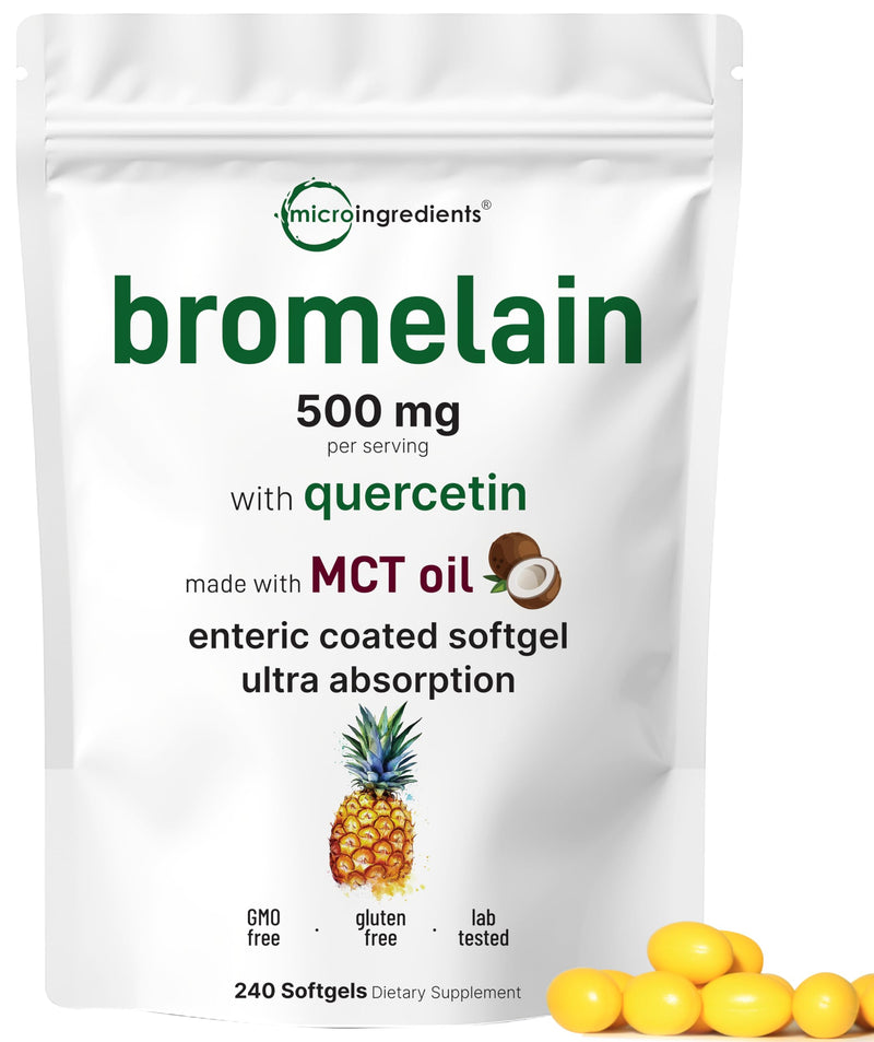 [Australia] - Bromelain 500mg with Quercetin & MCT Oil, 240 Enteric Coated Softgels | Ultra Absorption Bromelain Supplement | Natural Digestive Enzymes for Digestion & Joint Health | Non-GMO, Gluten Free 