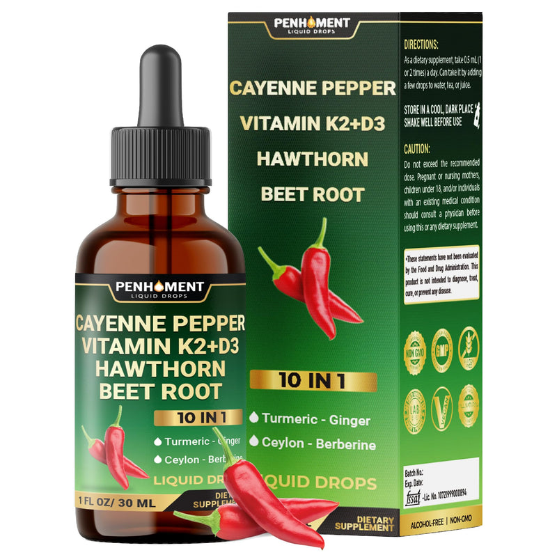 10in1 2700mg Cayenne Pepper Liquid Drops + Hawthorn Berry, Vitamin D3 K2 Beet Root Turmeric Ginger and More - Digestion Support - 1 Fl Oz - 2 Months Supply 1 Fl Oz (Pack of 1)