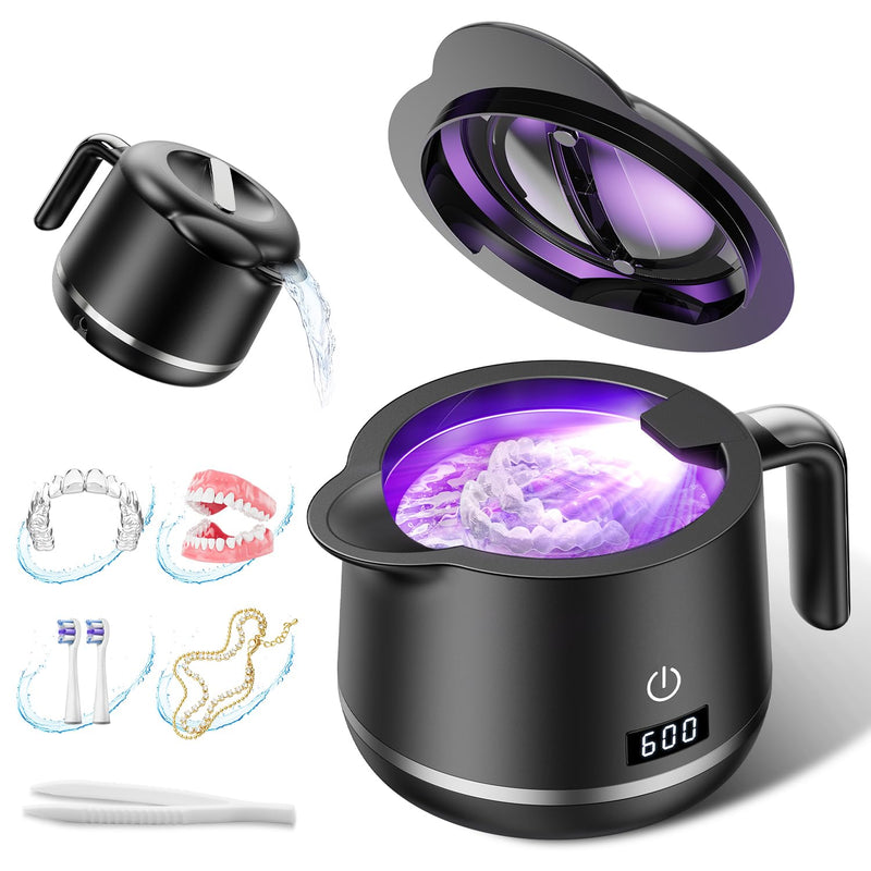 [Australia] - Ultrasonic Retainer Cleaner Machine - 45kHz Ultrasonic Jewelry Cleaner - 200ML Mouth Guard & Denture Cleaner Pod - 5 Modes with Digital Timer - Upgrade Water Bottle Design,Bright Black 