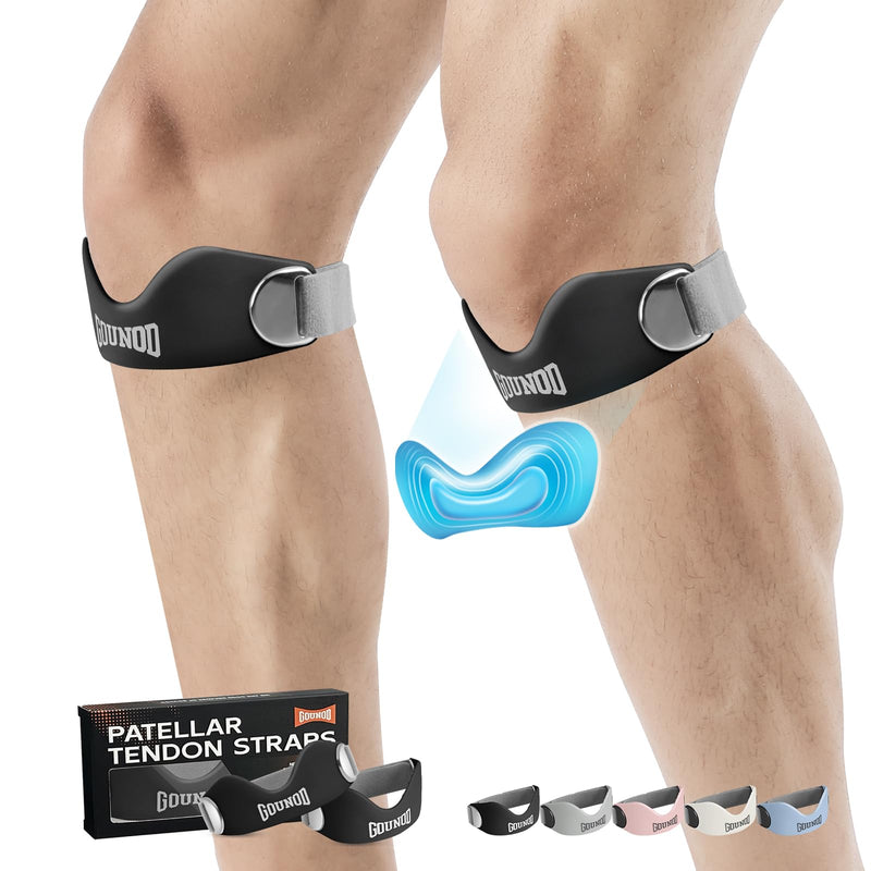 [Australia] - GOUNOD Silicone Patellar Tendon Support Strap 2 Pack,Knee Strap for Knee Pain Relief,Patella Band for Basketball, Jumpers Knee, Tendonitis, Running, Hiking, Soccer, Osgood Schlatter（Black-Grey） Black 