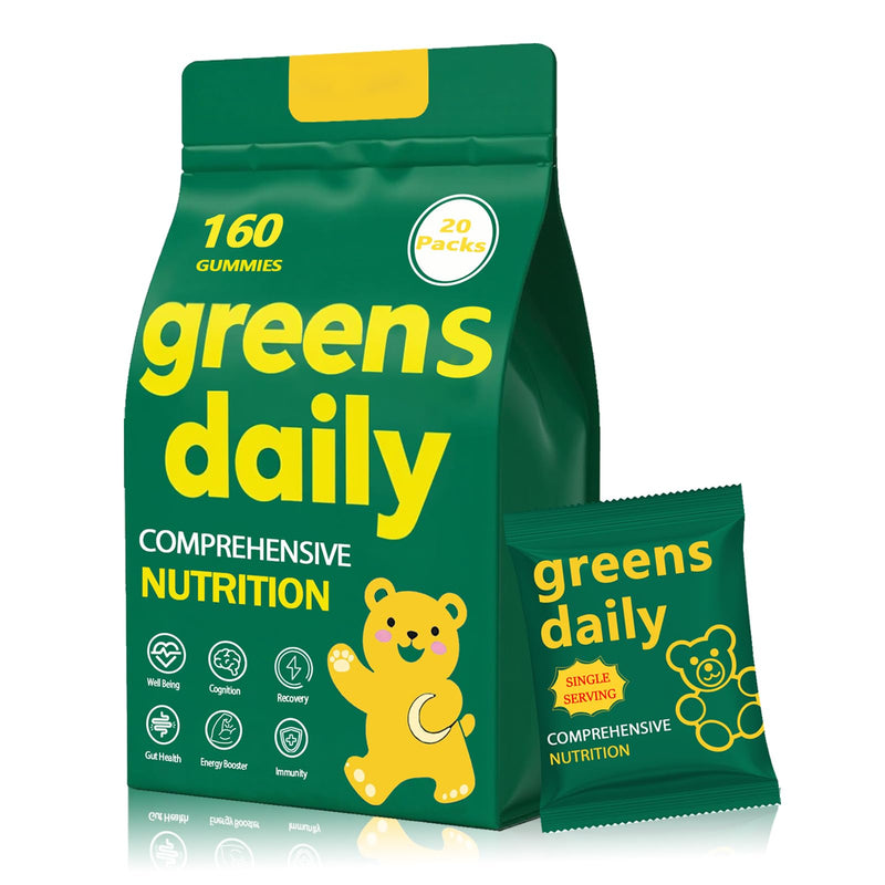 [Australia] - Greens Gummies, Daily Greens Gummies with Organic Chlorella and Spirulina, Digestive & Gut Health, Low Sugar, Formulated with 60+ Ingredients, Individual Packets,160 Gummies Bear 