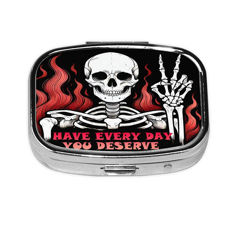 ABLESKY Pill Box, 2 Compartment Pill Organizer Case for Pocket or Purse, Small Portable Metal Travel Medicine Box with Mirror, Daily Vitamins Fish Oil Container-Skull Have Every Day You Deserve Skull Have Every Day You Deserve
