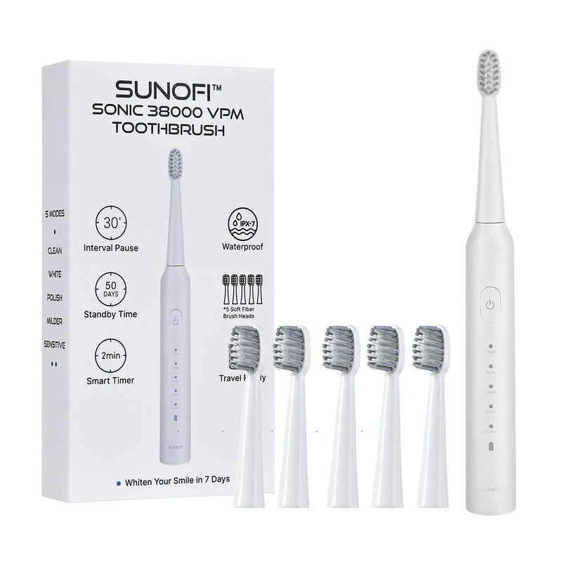 Sonic Electric Toothbrush Set for Adults, 5 Modes Rechargeable Toothbrush with 5 Brush Heads, 50-Day Battery Life, IPX7 Waterproof, 2-Min Smart Timer (White) White