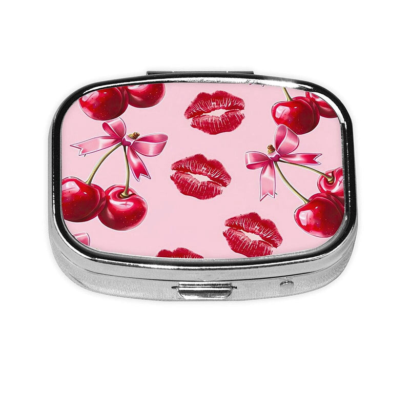 ABLESKY Pill Box, 2 Compartment Pill Organizer Case for Pocket or Purse, Small Portable Metal Travel Medicine Box with Mirror, Daily Vitamins Fish Oil Container-Cherry Pink Bow with Red Lips Cherry Pink Bow With Red Lips