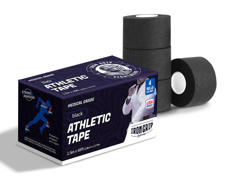 Premium Sports Medical Athletic Tape Black (4-Rolls) 1.5in x 45 ft | 100% Cotton, Easy Tear, No Sticky Residue | Best Tape for Jiu-Jitsu Athletes & Trainers | Ankles and Wrist |