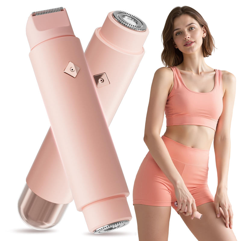 2 in1 Bikini Trimmer for Women, Dual-Head Electric Razor & Painless Hair Removal - Waterproof Cordless Lady Shaver for Body, Face Underarm, Intimate Areas, Facial Bikini Shaver (Pink) Pink