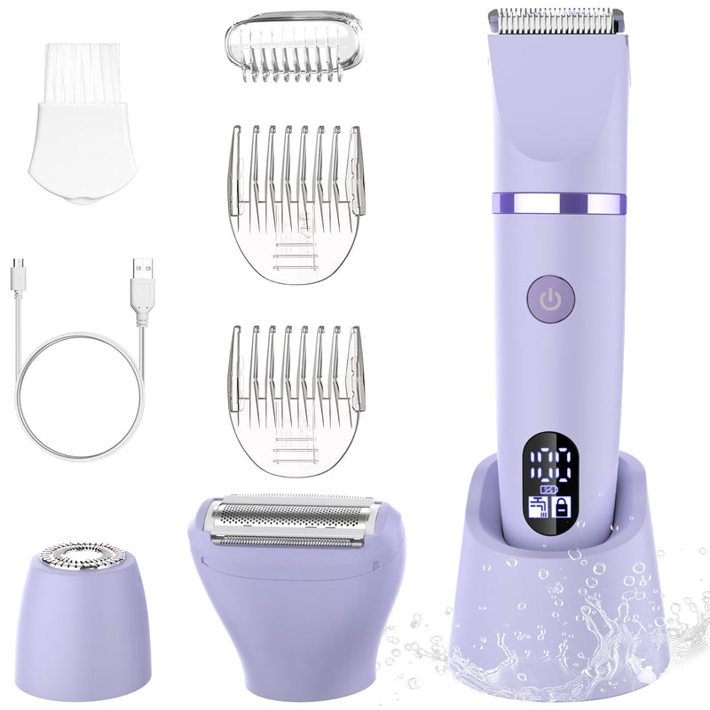[Australia] - 3-in-1 Electric Razor IPX7 Waterproof Bikini Trimmer Wet & Dry Use Painless Personal Trimmer Groomer for Ladies Face Body Legs Bikini Public Hairs Electric Lady Shaver with Replaceable Heads Purple 