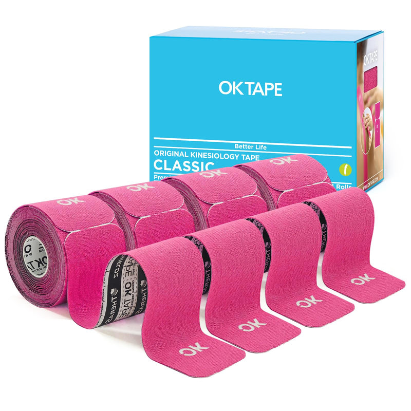 OK TAPE 4 Rolls Kinesiology Tape Precut, Cotton Elastic Athletic Tape Latex Free,20 Strips per Roll 2in x 16ft,Muscle Support,Pink Pink