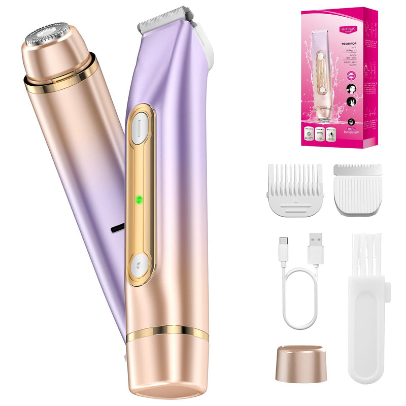 [Australia] - 2 in 1 Bikini Trimmer for Women Dual Head Electric Razor IPX7 Waterproof Wet/Dry Use Women Electric Shaver, Body Facial Hair Remover for Bikini Legs Arm Underarm, Rechargeable 