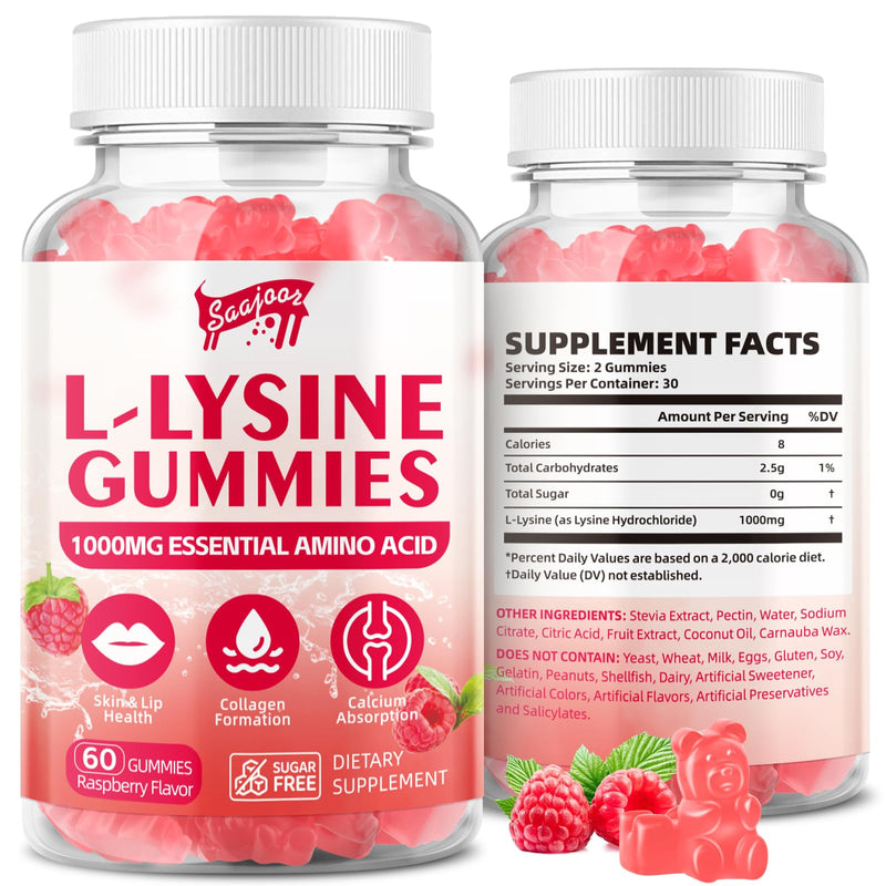 [Australia] - L-Lysine 1000mg Gummies for Immune Support & Skin Health - Vegan, Gluten Free Amino Acid Supplement for Adults, Raspberry Flavor, 60 Gummies 1pack 