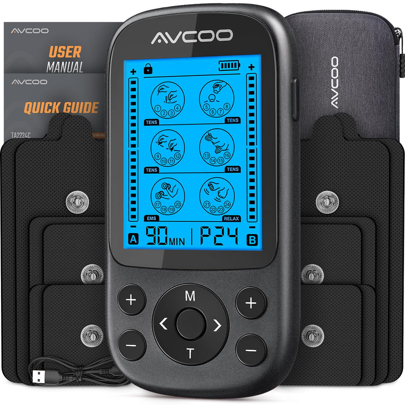 AVCOO 3-in-1 TENS Unit Muscle Stimulator for Pain Relief, 24 Modes, EVA Bag | Electronic Massager Machine with 40 Levels for Gradual Shoulder, Neck, Lower Back Pain Relief, Physical Therapy, 12 Pads, Red B Black