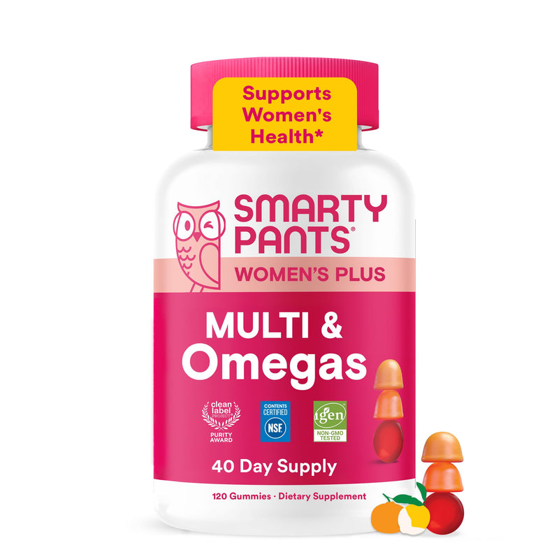 SmartyPants Women's Multivitamin Gummies, Omega 3 (DHA/EPA), Methylfolate, CoQ10, Vitamin D3, C, Vitamin B12, B6, A, K & Zinc, Inositol, Gluten Free, 120 Count (40 Day Supply) Multi + Omega - 40 Day Supply