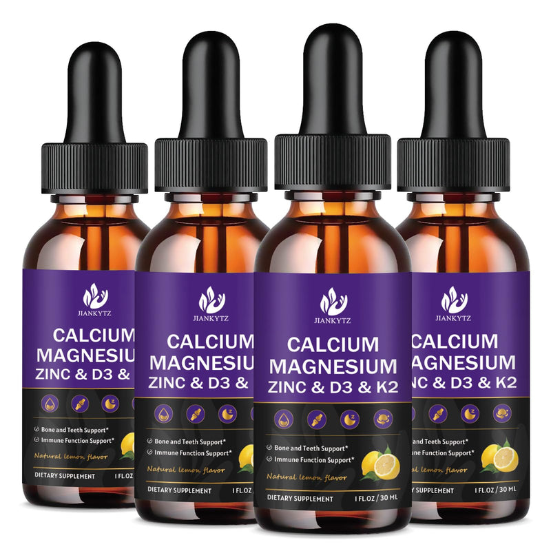 (4 Pack) Calcium Magnesium Zinc Liquid Drops for Women and Men - Bone & Teeth, Immune Support, Liquid Calcium Supplement with Magnesium Glycinate, Vitamin C D3 K2 B6, Lemon Flavor | Sugar Free 1 Fl Oz (Pack of 4)
