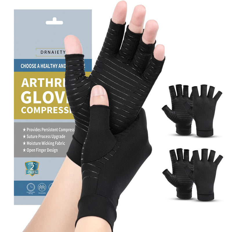 DRNAIETY 2 Pairs Copper Arthritis Compression Gloves for Women and Men, for Arthritis Hand Pain, Anti-Slip, Fingerless, Comfortable for Work, Kept in Motion (Small) Small