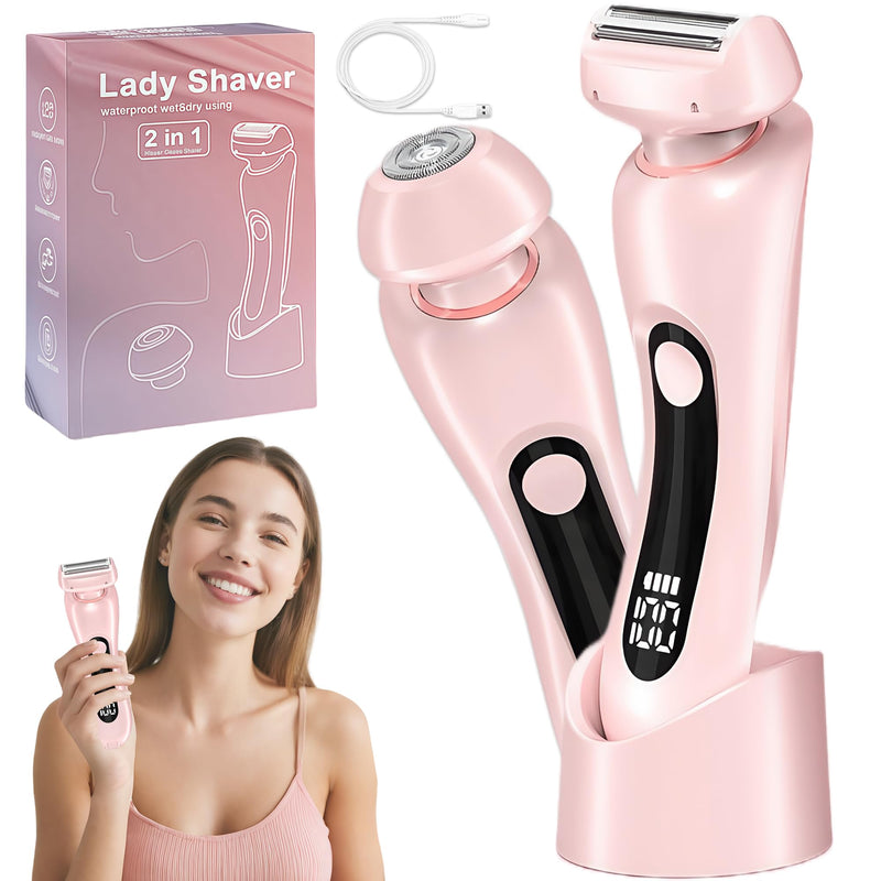 [Australia] - 2 in 1 Electric Shaver for Women Wet Dry Dual Use IPX7 Waterproof with LED Display USB Recharge Dock Dry Use Body Hair Trimmer and Facial Hair Remover for Bikini Underarm Leg Arm Face (Pink) Pink 