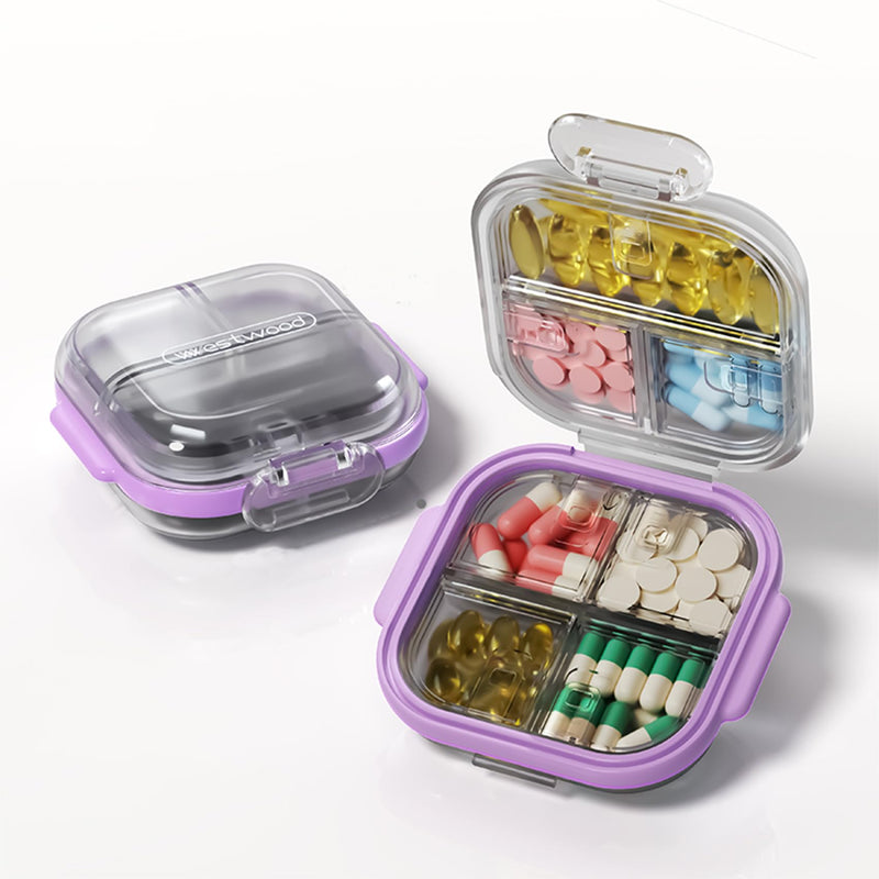 Travel Pill Organizer, Portable Pill Case - Pre-Labeled 7 Compartments | 7 Organized Slot(6 Small + 1 Large) for Daily Pills, Secure Double-lock, Pocket Purse Organizer for Vitamins Medicine, Purple