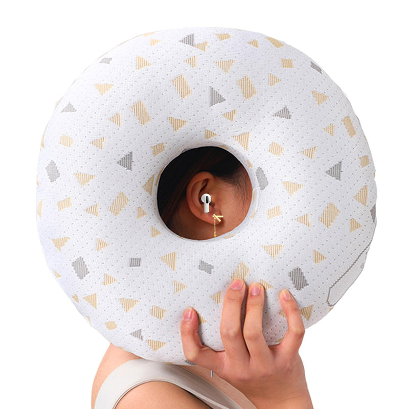 [Australia] - Ear Piercing Pillow for Side Sleepers, Donut-Shaped Ear Relief Pillow, Post-Piercing Recovery and Ear Pain, White with Gold and Grey Pattern 