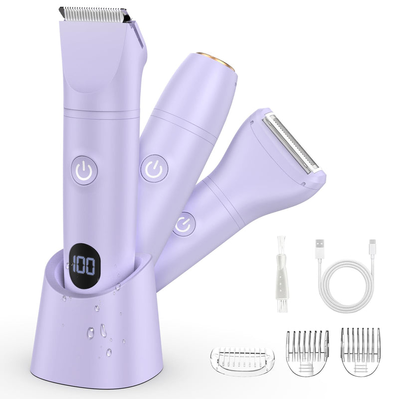[Australia] - Lanumi 3 in 1 Bikini Trimmer for Women Rechargeable Electric Razors Wet/Dry Pubic Body Hair Trimmer Facial Hair Remover IPX6 Waterproof LCD Display Purple 