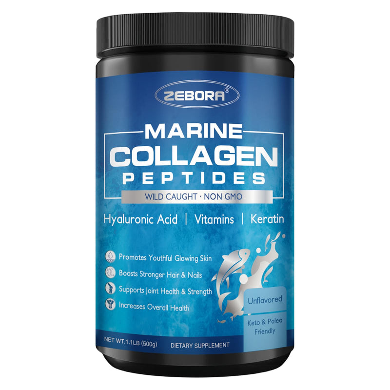 ZEBORA Marine Collagen Peptides Powder for Women, 50 Servings | Wild Caught Hydrolyzed Fish Collagen with Hyaluronic Acid, Keratin, Multivitamins for Skin, Hair, Nails, Keto-Friendly 1.1 Pound (Pack of 1)