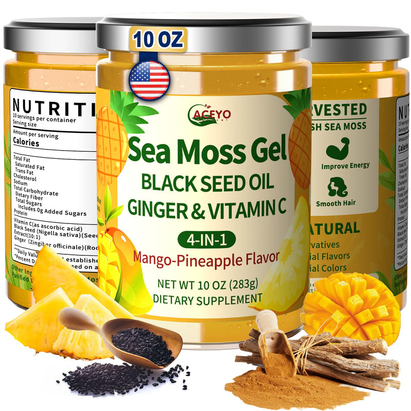 ACEYO Sea Moss Gel 4-in-1, Irish SeaMoss with Black Seed Oil & Ginger | Rich in Minerals & Vitamins,Immunity & Health Support,Superfood,Non-GMO, Vegan,Mango Pineapple Flavor,10 oz (Pack of 1) MangoPineapple 10 Ounce (Pack of 1)