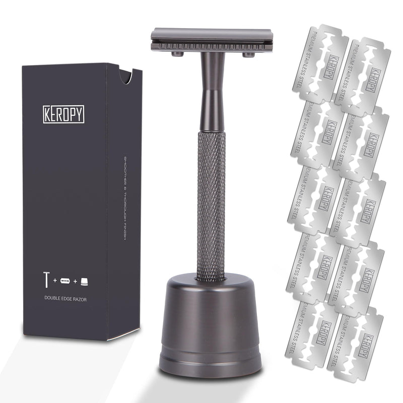 [Australia] - Double Edge Razor With Stand and 10 Premium Stainless Steel Blade Safety Razors For Men Shaving Razor, Matte Black Double Edge Safety Razor, Gun Black Gun Black with Stand 