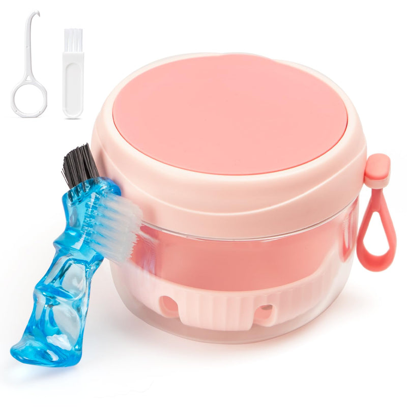 [Australia] - Denture Case, Leak Proof Denture Bath Cup for Travel, Pink Denture Container Cups for Soaking Full & Partial Dentures, Retainers, Mouth Guard with Denture Cleaner Brush, Aligner Removal Tool 