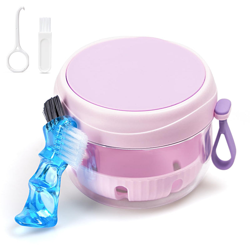 [Australia] - Denture Case with Strainer and Mirror, Leak Proof Denture Bath Cup for Travel, Purple Denture Container Cups for Soaking Full & Partial Dentures, Retainers with Denture Brush, Aligner Removal Tool 