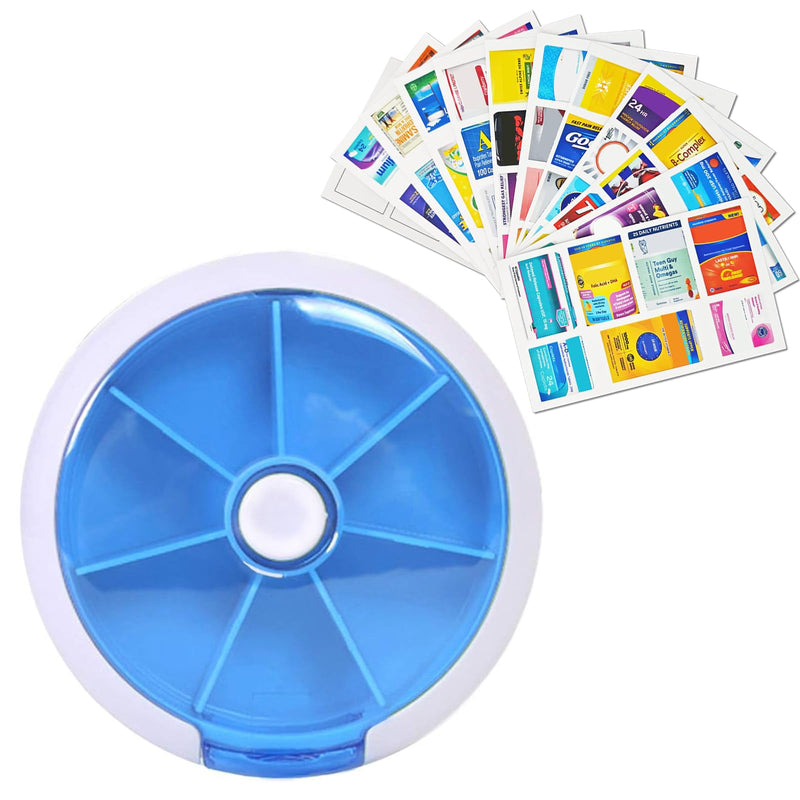 7 Grids Travel Pill Organizer Box 84-Pcs Medicine Name Labels Weekly 7-Day Pill Case Portable Medication Dispenser for Vitamins, Fish Oil & Supplements Blue+84 Med Labels