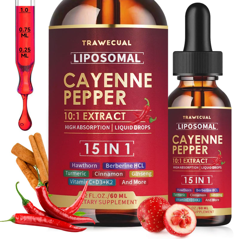 [Australia] - 15 in1 Liposomal Cayenne Pepper Liquid Drops Supplement, with Vitamin D3 K2, Hawthorn, Berberine HCL, Beet Root, Turmeric, Cinnamon, Digestion, Circulatory Heath Support- 2 Fl Oz for 30 Days 2 Fl Oz (Pack of 1) 