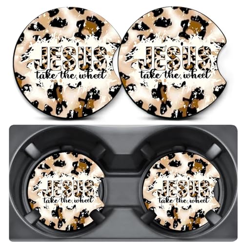 2 Pack Religion Car Coasters for Cup Holders,Neoprene Anti Slip Mat Leopard-JESUS 2PCS