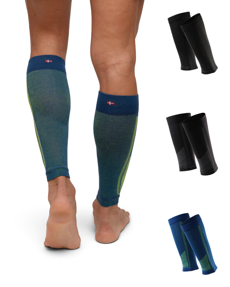 DANISH ENDURANCE Calf Compression Sleeve, 21-26 mmHG, Legs & Shin Supports for Men and Women, 1 or 3 Pack Large Multicolor (1xblack, 1xblack/Grey, 1xblue/Yellow) 3-pack