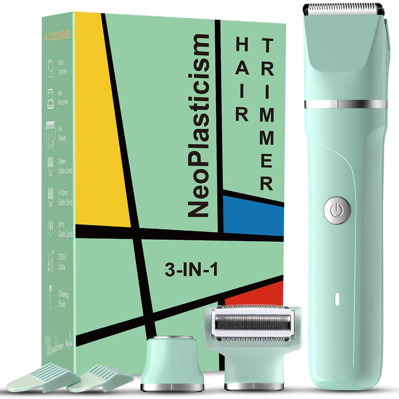 Bikini Trimmer for Women - 3 in 1 IPX7 Waterproof Electric Razors for Women,Body Pubic Hair Electric Shaver for Womens & Facial Hair Remover,Rechargeable Wet/Dry for Body,Underarm,Leg(Mint Green)
