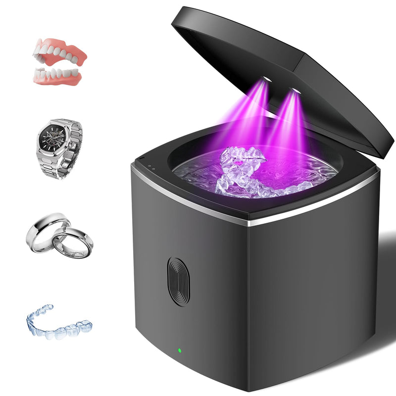 [Australia] - Ultrasonic Retainer Cleaner for Dentures - Sonic Denture Cleaner Machine for Mouth Guard Retainer Washer Sliver Jewelry Ring Brace Toothbrush Head Jewelry 43kHz Dental Tools Black 