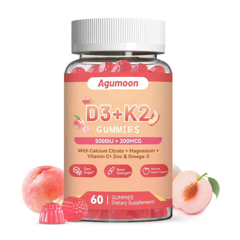 Vitamin D3 K2 Gummies for Adults - 5000IU D3 + 200mcg K2 (MK-7) - 60 Counts | with Calcium Citrate, Magnesium Citrate, Omega-3 for Bone, Muscle, Teeth Immune, Sugar Free, Vegan 60 Count (Pack of 1)