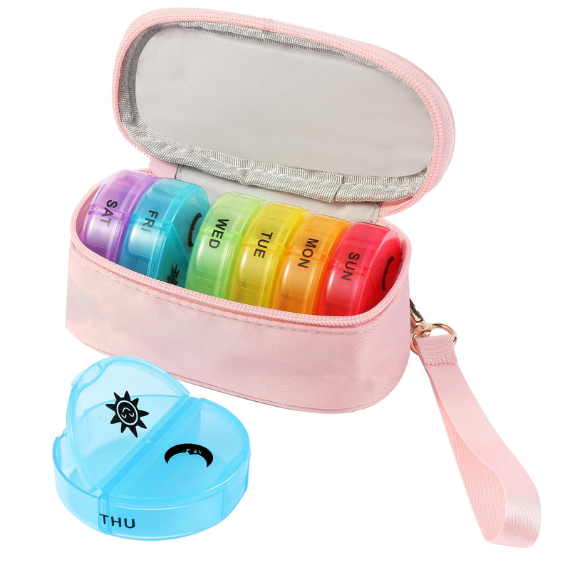 Weekly Pill Organizer 2 Times a Day, Travel Pill Box 7 Day with Large Opening, Pill Case with Handle, Pill Dispenser Medicine Organizer for Vitamins, Fish Oils, Medications, Supplements (Pink, Small) Pink