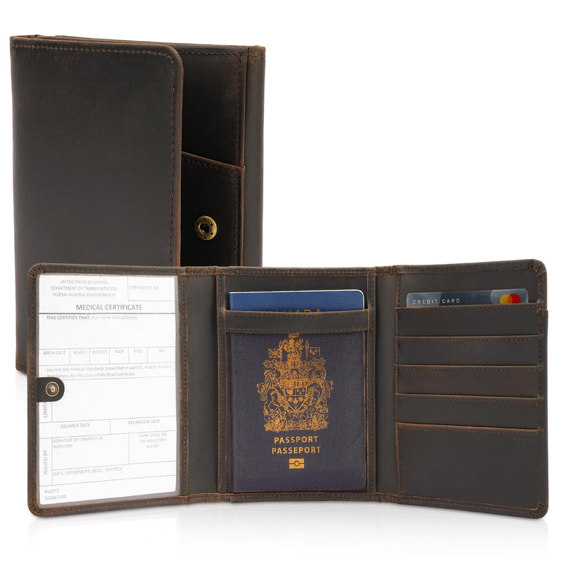 Polare Full Grain Leather Pilot Wallet Passport Holder RFID Blocking Trifold Wallet for Men Travel Cover Document Organizer for Aviation Professionals Dark Brown