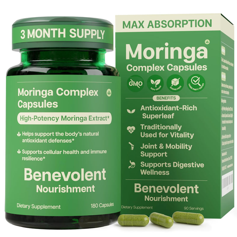 Benevolent Moringa Capsules with Liposomal Curcumin & BioPerine® – 180 Caps | High-Potency Moringa Supplement for Antioxidant Support, Immune Resilience, Breastfeeding Support & Nutrient Absorption 180 Count (Pack of 1)
