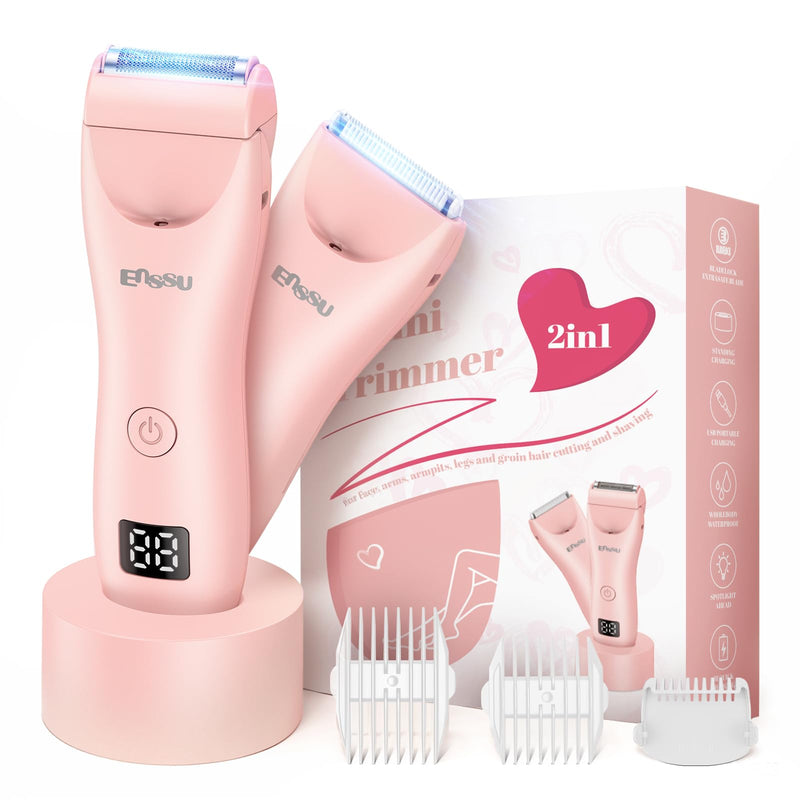 [Australia] - Bikini Trimmer for Women - 2 in 1 Pubic Hair Trimmer IPX7 Waterproof, Razors for Women with LED Light & USB Charge, Painless Electric Shaver with Ceramic Blade for Bikini Legs Arm Underarm 