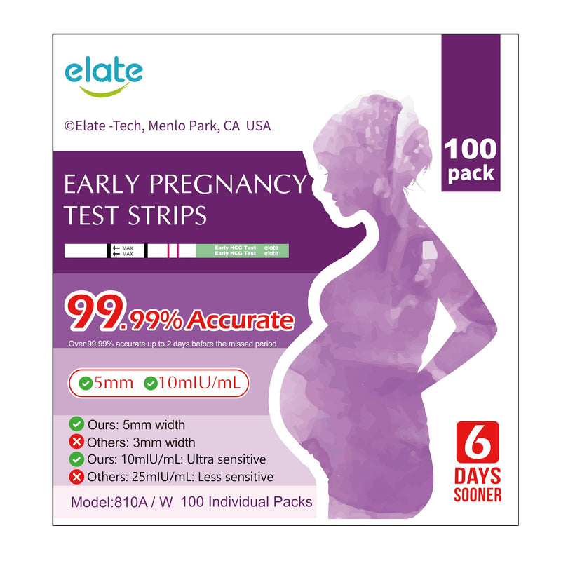 Elate Pregnancy Test Strips 10 MIU/ml High Sensitivity, 100 Count | Early Detection HCG Test, 99.99% Accurate Results, 6 Days Sooner 100-Pack
