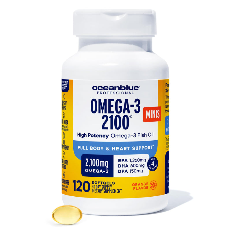 Oceanblue Professional Omega-3 2100 Mini Softgels - Triple Strength DPA EPA DHA Omega 3 Supplement - Easy to Swallow Burpless Wild Caught Fish Oil - Orange Flavor, 120 Softgels 120 Mini Count (Pack of 1)